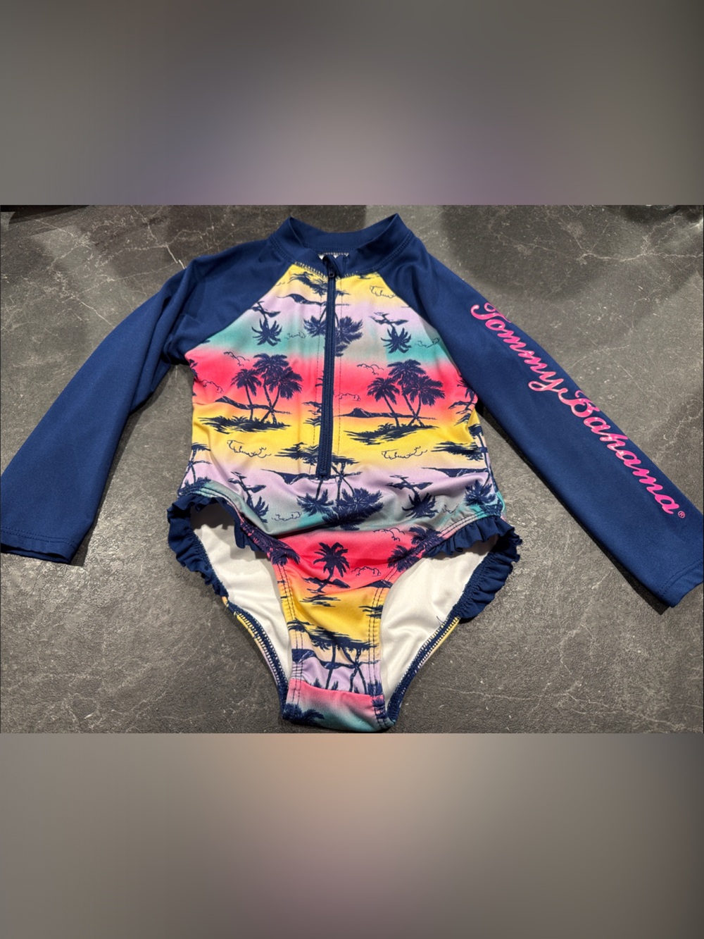 Tommy Bahama Navy & Rainbow Palm Print Long Sleeve One-Piece Toddler Swimsuit 2T
